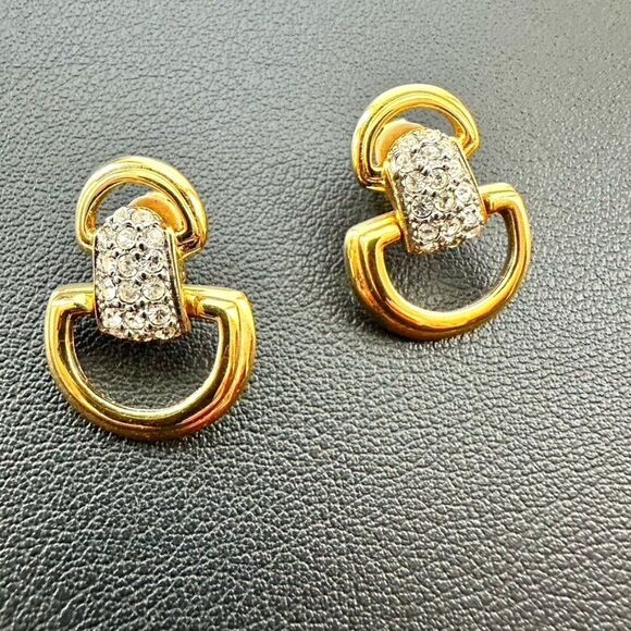 Signed Swarovski Golt tone Pave Crystal Set Door Knocker Clip on Earrings - Picture 2 of 6